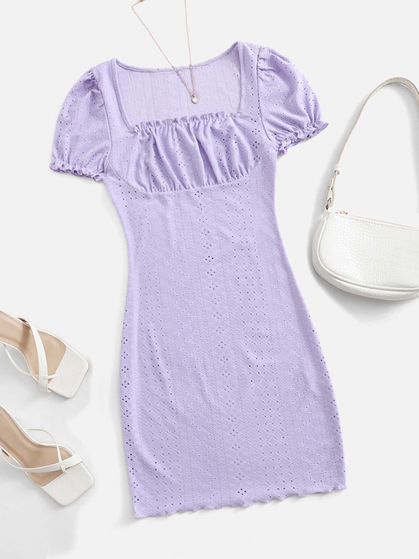 Soleia Square Neck Schiffy Dress - Lilac Purple - View 1
