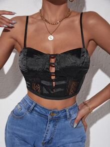 SHEIN SXY Áo hai dây Tương phản ren Cắt ra cắt màu trơn Gợi cảm - màu đen - Xem 1