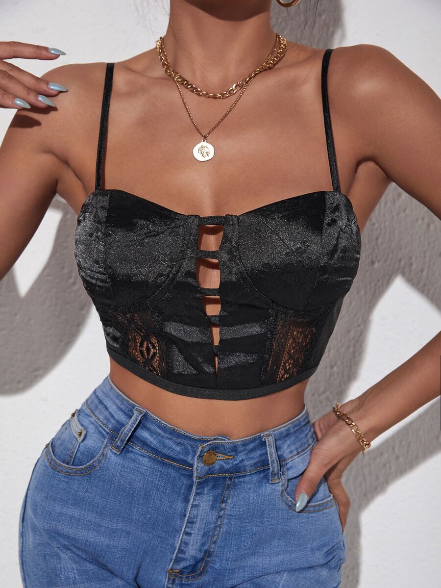 SHEIN SXY Áo hai dây Tương phản ren Cắt ra cắt màu trơn Gợi cảm - màu đen - Xem 1