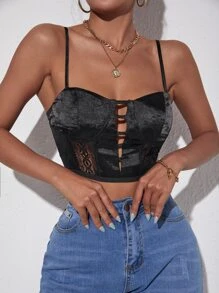 SHEIN SXY Áo hai dây Tương phản ren Cắt ra cắt màu trơn Gợi cảm - màu đen - Xem 3