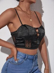 SHEIN SXY Áo hai dây Tương phản ren Cắt ra cắt màu trơn Gợi cảm - màu đen - Xem 4