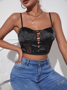 SHEIN SXY Áo hai dây Tương phản ren Cắt ra cắt màu trơn Gợi cảm - màu đen - Xem 5