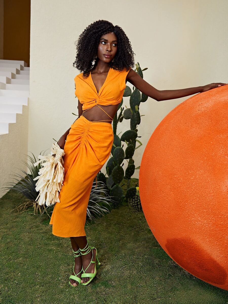 SHEIN Twist Tie Back Top & Ruched Skirt - Yellow - View 1