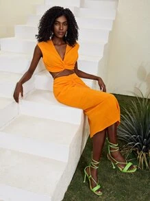 SHEIN Twist Tie Back Top & Ruched Skirt - Yellow - View 2