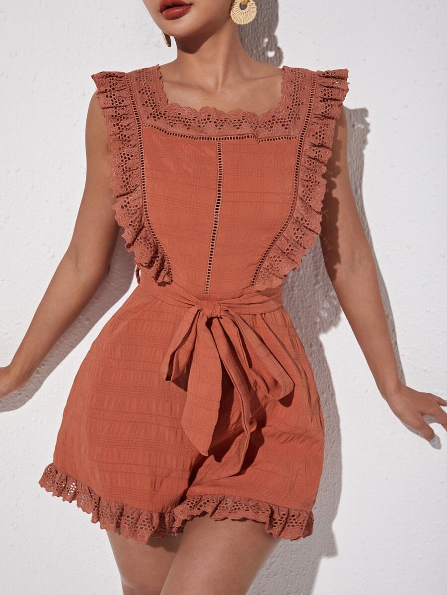 荷葉邊腰帶方領連身短褲 - 亮橙色 - 查看 1