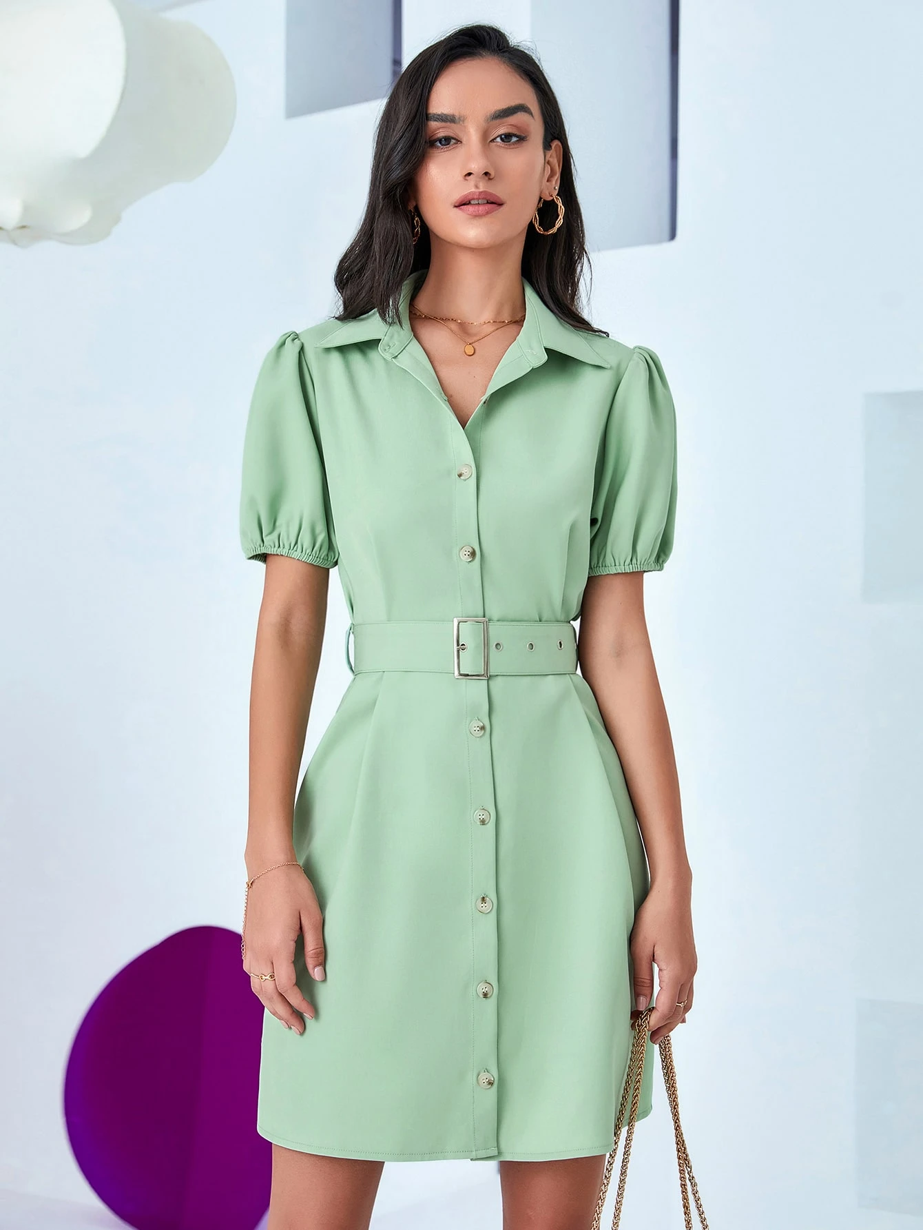 Shirt dress with puff sleeves Clearance