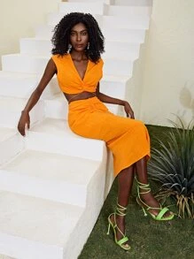 SHEIN Twist Tie Back Top & Ruched Skirt - Yellow - View 3