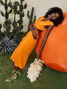 SHEIN Twist Tie Back Top & Ruched Skirt - Yellow - View 5