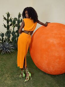 SHEIN Twist Tie Back Top & Ruched Skirt - Yellow - View 7