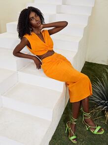 SHEIN Twist Tie Back Top & Ruched Skirt - Yellow - View 8