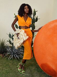 SHEIN Twist Tie Back Top & Ruched Skirt - Yellow - View 9