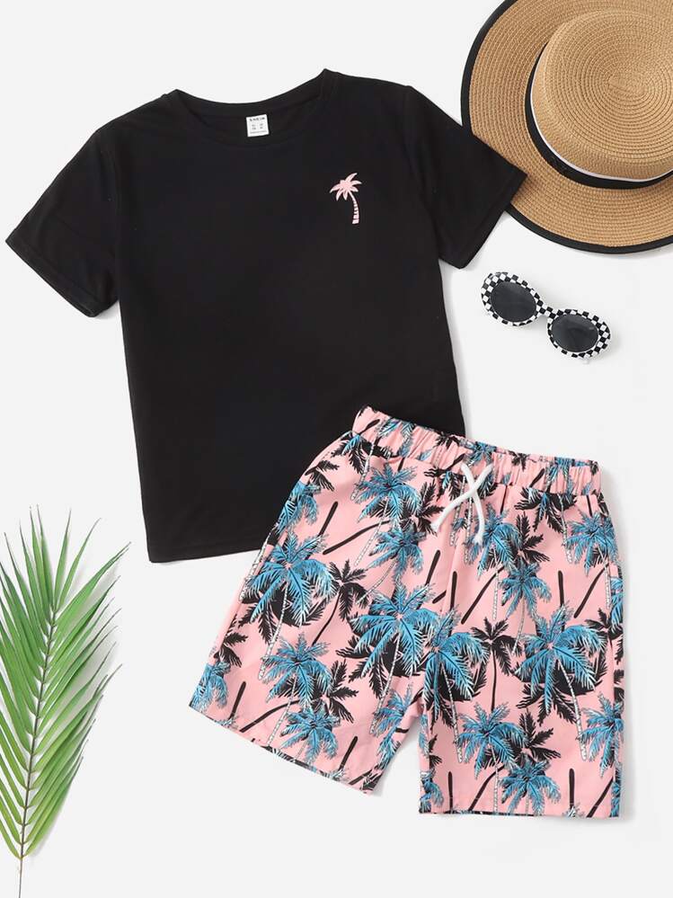 SHEIN חולצה עם הדפס טרופי לילדים ומכנסיים קצרים עם שרוך - ריבוי צבעים - ראה 1