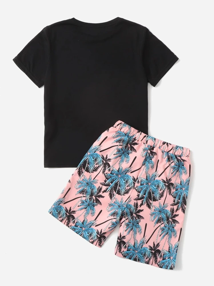 SHEIN חולצה עם הדפס טרופי לילדים ומכנסיים קצרים עם שרוך - ריבוי צבעים - ראה 2