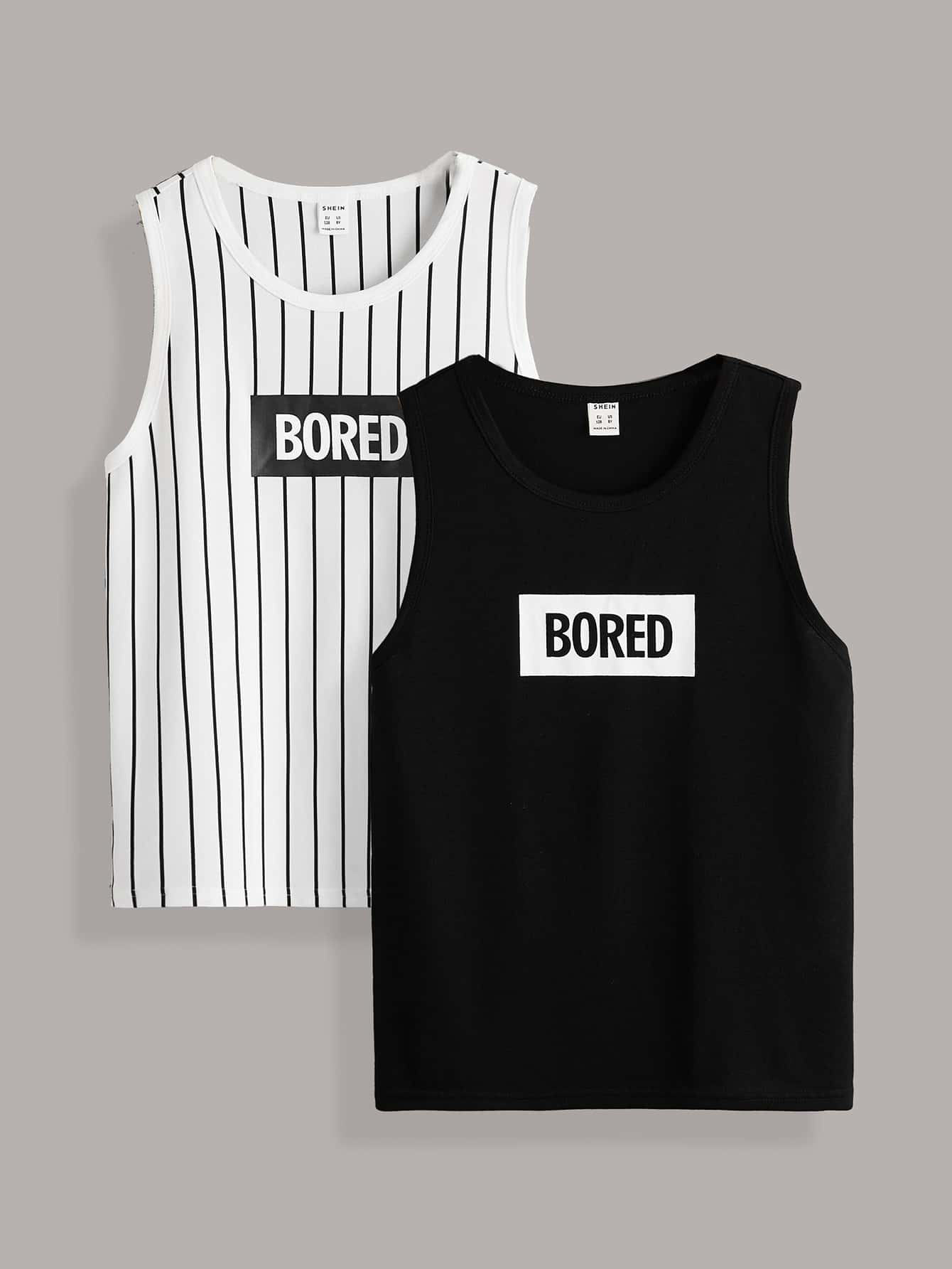 SHEIN Tanks Bé Trai Lá thư Sọc Giải trí - Đen và trắng - Xem 1