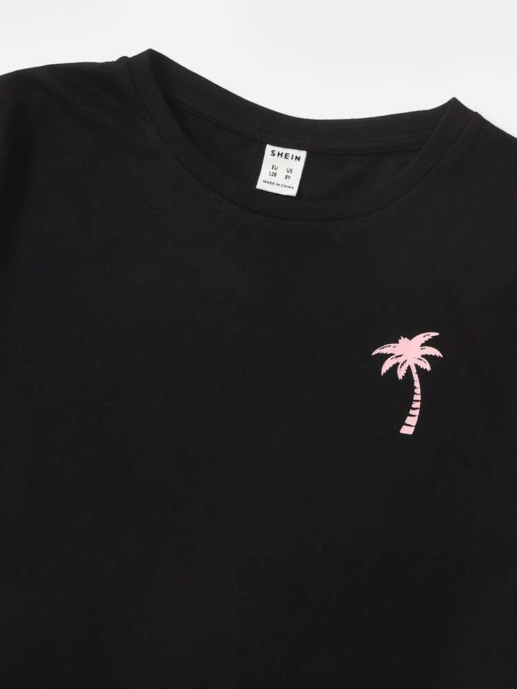 SHEIN חולצה עם הדפס טרופי לילדים ומכנסיים קצרים עם שרוך - ריבוי צבעים - ראה 3