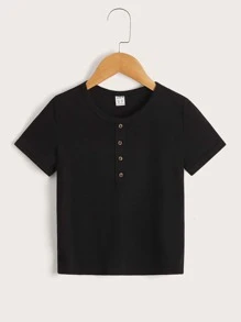 SHEIN Young Boys' Black Faux Button-Front Design Short Sleeve T-Shirt With Round Neckline, Suitable For Casual Daily Wear In Summer - Black - View 2