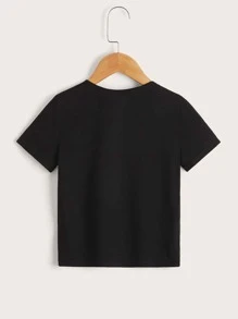 SHEIN Young Boys' Black Faux Button-Front Design Short Sleeve T-Shirt With Round Neckline, Suitable For Casual Daily Wear In Summer - Black - View 3