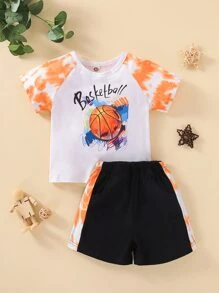 嬰兒籃球和字母圖案紮染T恤和側接縫短褲 - 彩色 - 查看 1