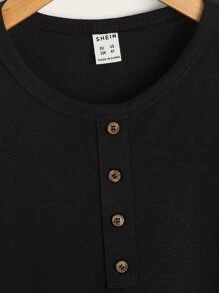 SHEIN Young Boys' Black Faux Button-Front Design Short Sleeve T-Shirt With Round Neckline, Suitable For Casual Daily Wear In Summer - Black - View 5