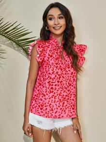 SHEIN VCAY Leopard Print Frilled Tie Neck Top - Multicolor - View 4