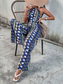 SHEIN VCAY Geo Print Tie Back Wide Leg Jumpsuit - Multicolor - View 3