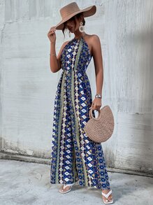 SHEIN VCAY Geo Print Tie Back Wide Leg Jumpsuit - Multicolor - View 5