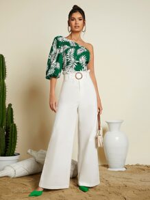 SHEIN Pantalones de pierna ancha de cintura con volante - Blanco - Ver 5