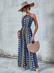 SHEIN VCAY Geo Print Tie Back Wide Leg Jumpsuit - Multicolor - View 2