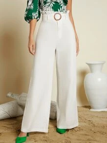 SHEIN Pantalones de pierna ancha de cintura con volante - Blanco - Ver 1