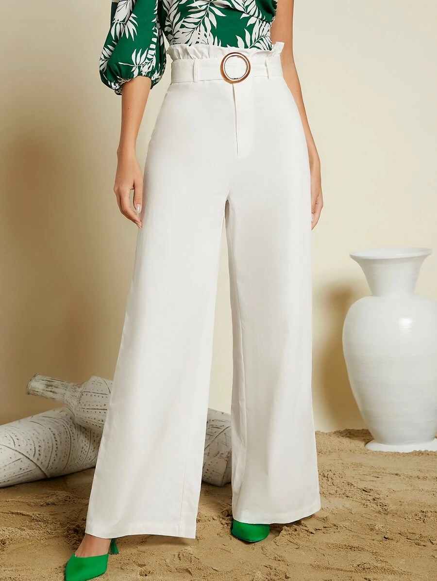 SHEIN Pantalones de pierna ancha de cintura con volante - Blanco - Ver 1