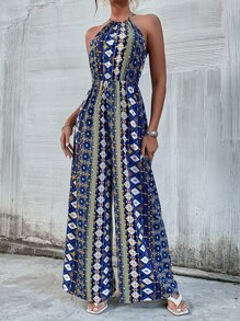 SHEIN VCAY Geo Print Tie Back Wide Leg Jumpsuit - Multicolor - View 1