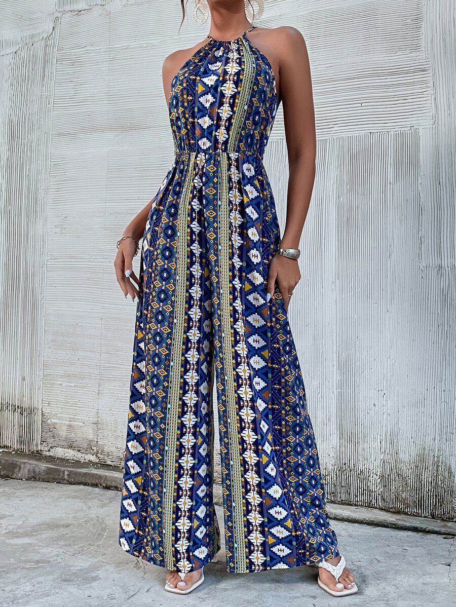 SHEIN VCAY Geo Print Tie Back Wide Leg Jumpsuit - Multicolor - View 1