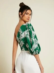 SHEIN One Shoulder Tropical Print Lantern Sleeve Blouse - Multicolor - View 2