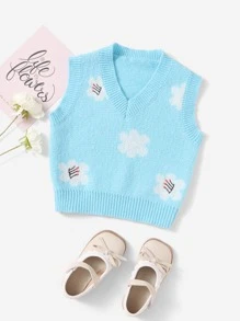 SHEIN 小女童花卉刺繡拼塊毛衣背心 - 淺藍色 - 查看 1
