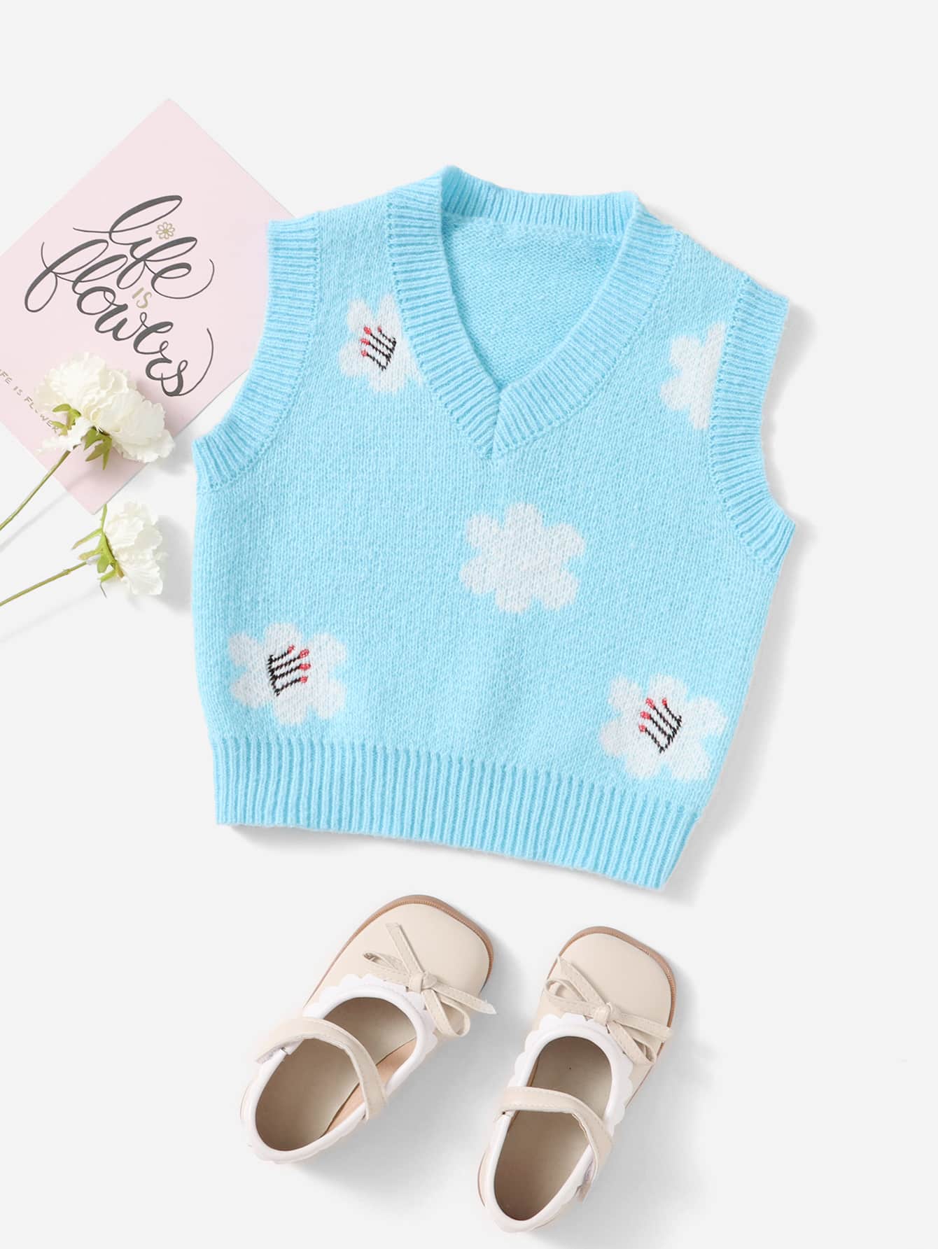 SHEIN 小女童花卉刺繡拼塊毛衣背心 - 淺藍色 - 查看 1