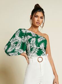 SHEIN One Shoulder Tropical Print Lantern Sleeve Blouse - Multicolor - View 1