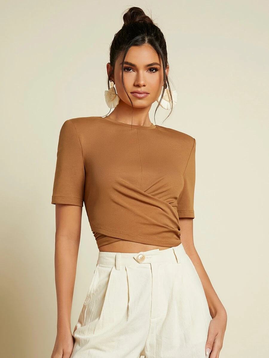 SHEIN Unity Cross Detail Shoulder Pad Crop Tee
