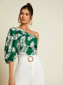 SHEIN One Shoulder Tropical Print Lantern Sleeve Blouse - Multicolor - View 4
