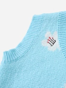 SHEIN 小女童花卉刺繡拼塊毛衣背心 - 淺藍色 - 查看 3