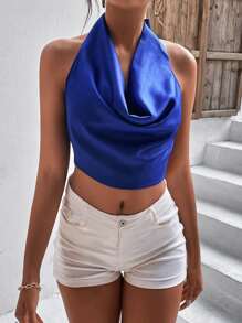 Draped Front Backless Halter Top - أزرق غامق - مشاهدة 3