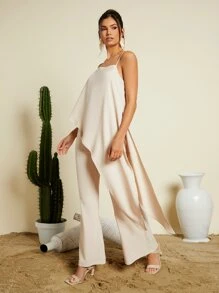 Travachic Asymmetrical Hem Cami Top & Wide Leg Pants - Beige - View 3