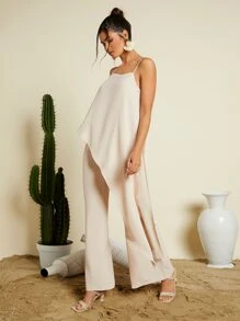 Travachic Asymmetrical Hem Cami Top & Wide Leg Pants - Beige - View 4