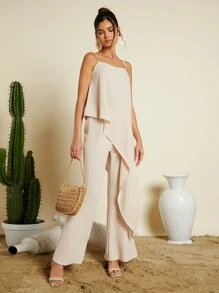 Travachic Asymmetrical Hem Cami Top & Wide Leg Pants - Beige - View 5