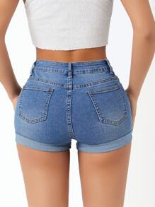 SHEIN PETITE 高腰破洞卷邊牛仔短褲 - 中等水洗藍 - 查看 2