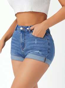 SHEIN PETITE 高腰破洞卷邊牛仔短褲 - 中等水洗藍 - 查看 4