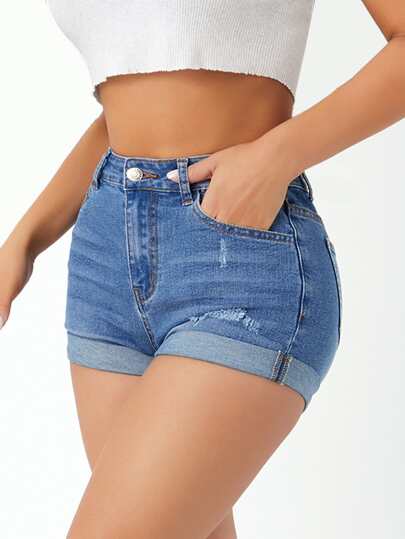 SHEIN PETITE 高腰破洞捲邊牛仔短褲，適合嬌小女性