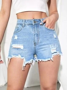 Shorts en mezclilla de talle alto bajo crudo desgarro - Lavado ligero - Ver 1