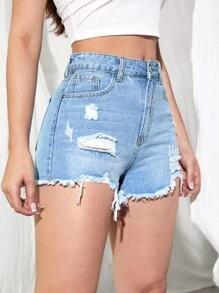 Shorts en mezclilla de talle alto bajo crudo desgarro - Lavado ligero - Ver 5