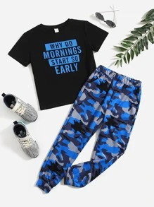 SHEIN Boys Slogan Graphic Top & Camo Trousers Set - Multicolor - View 1