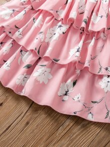 SHEIN Đầm bé gái Xù phân lớp Dải chun Hoa Dễ thương - Hồng - Xem 3